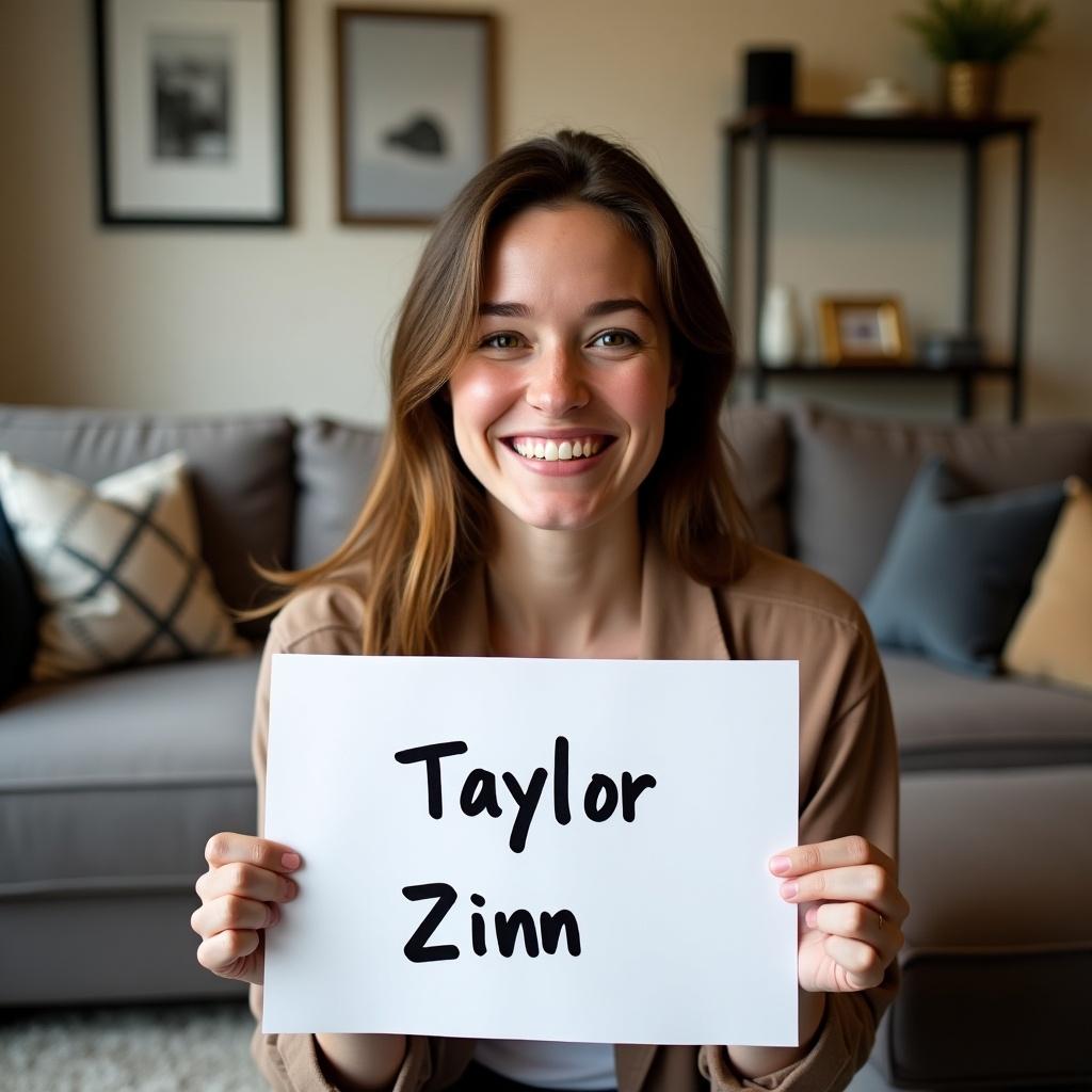 Young woman seated in a cozy living room. She holds a white paper that says Taylor Zinn in bold black letters. Her expression is joyful. Stylish decor adds a comfortable feel to the image.