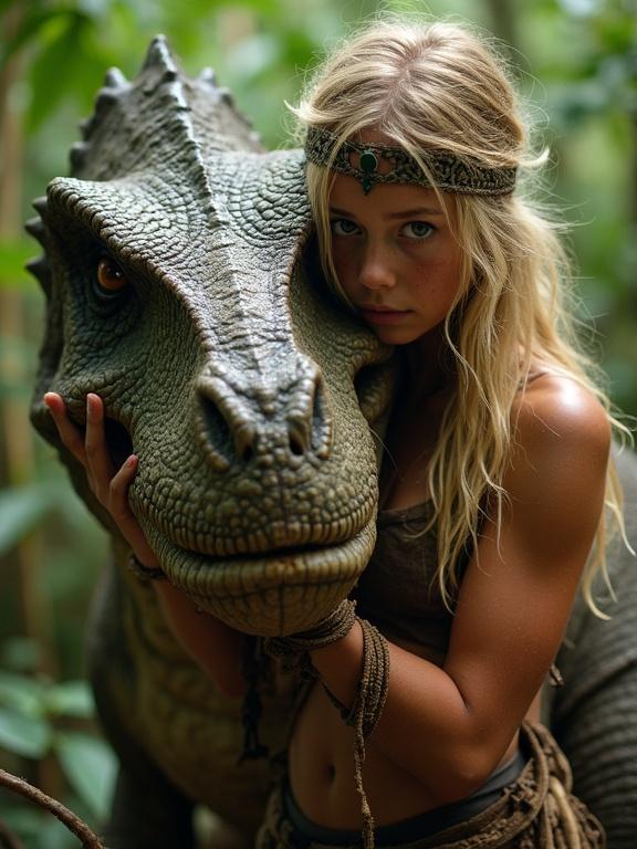 Beautiful warrior girl in jungle embraces a friendly dinosaur. Sweat and dirt on skin. Slimy texture of dinosaur. They share a gaze.