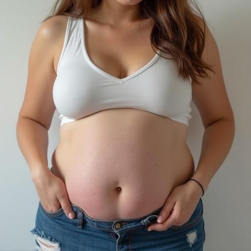 A woman wearing a white top and blue jeans standing with hands on her hips. She has a visible belly and shows confidence.