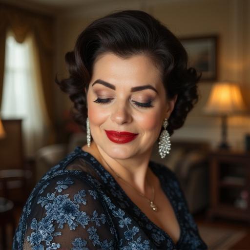 Charming housewife in vintage living room. Closed eyes and slightly smiling. Wearing vintage black and blue floral dress. Thick body and 1950s hairstyle with long diamond earrings. Close-up portrait resembling Cyd Charisse. Big red lips. Natural light highlights features.