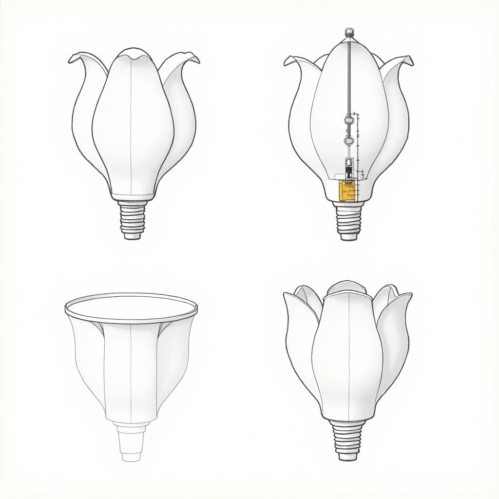 Illustration of a tulip-shaped diffuser charger powered by solar energy. Includes front side and top views along with detailed parts of the diffuser. Also shows front, top, and side views of the machine within the diffuser.