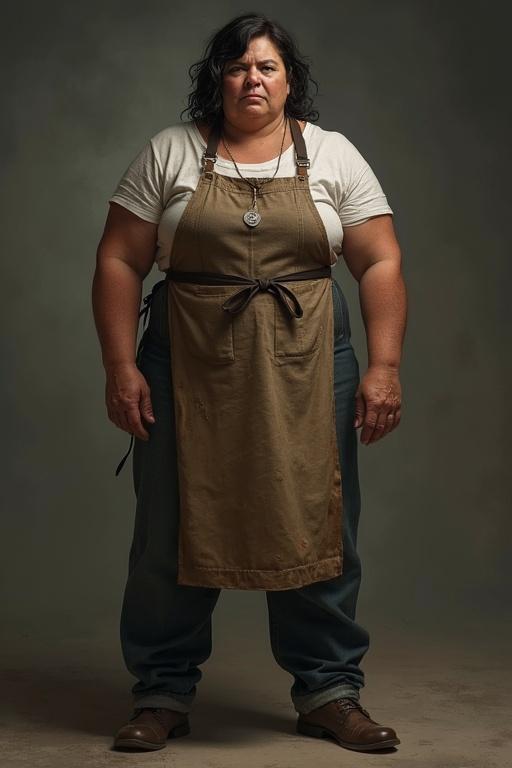 Photorealistic full-body portrait featuring a robust woman displaying a harsh yet authoritative appearance. She wears an apron and has dark, unkempt hair, embodying strength and superiority against a muted background.