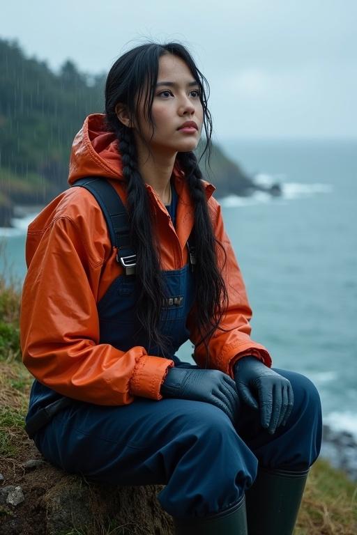 Attractive young woman with long black hair in pigtails. Wearing an orange mackintosh under navy blue dungarees. Sitting on a cliff overlooking the sea. Wistful expression during torrential rain. Storm clouds in background. Hair and clothes soaked.