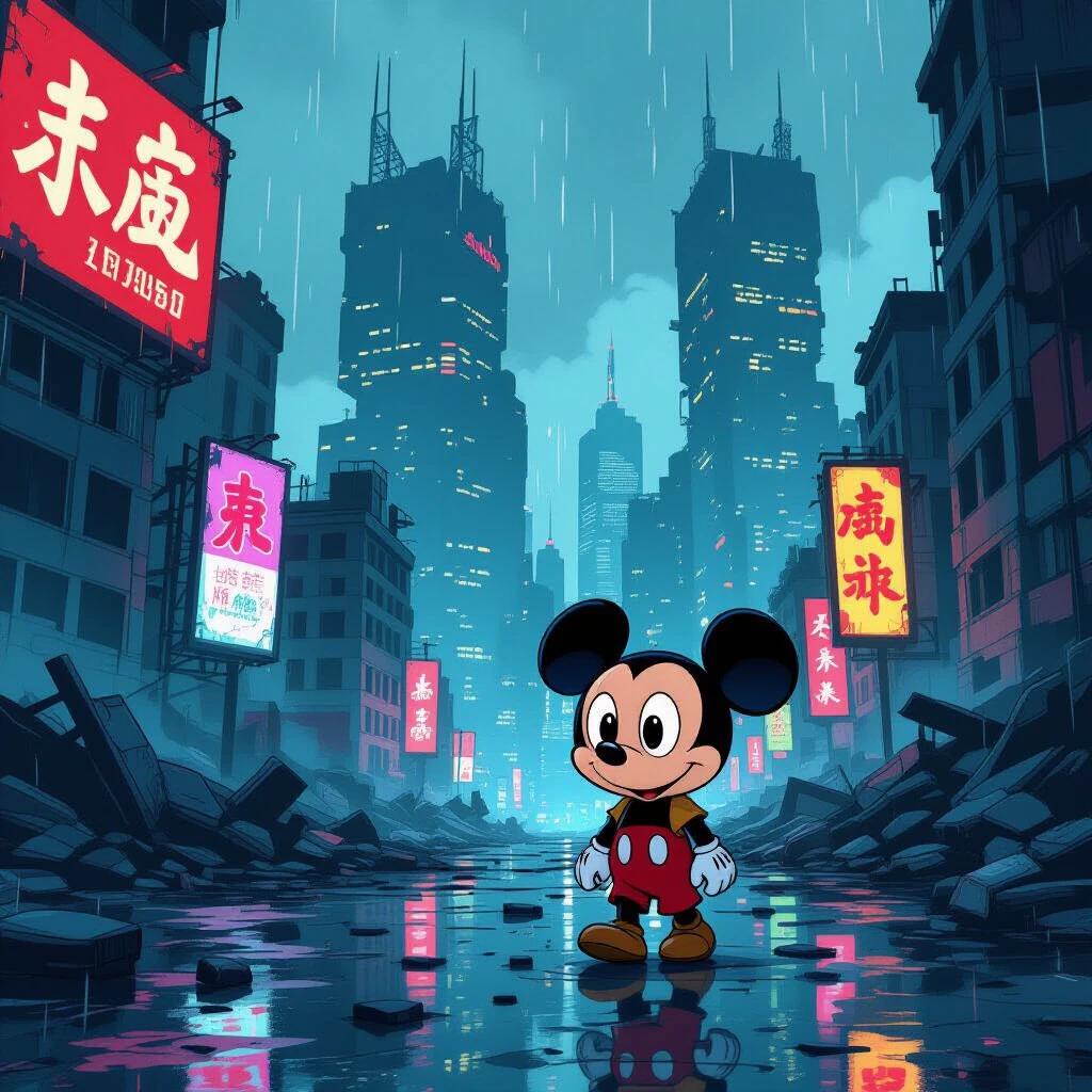 Cartoon character with big expressive eyes wanders through ruined cyberpunk city under cracked neon billboards. Rain reflects flickering lights. Character has a soft cel-shaded style mixed with dystopian realism. Character is placed in bottom right third of the image against background of massive collapsed towers. Blend of Disney golden-era animation and gritty sci-fi tech noir depicted in cinematic wide shot with emotionally surreal tone.