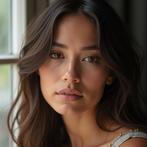 Portrait of a woman with natural beauty. She has long hair styled gracefully. The focus is on her facial features and her expression is serene and calm. Soft light coming through a window enhances her features.