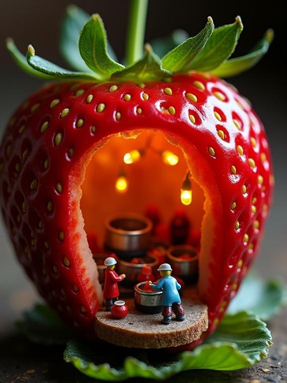 Macro photograph showcasing a miniature strawberry jam factory carved into a large red strawberry. Inside, there is a diorama with tiny figures in red and blue working. They are around silver pots near a conveyor belt with red jam bottles. Above are small yellow lights providing warm illumination. The scene rests on a green leaf base with a soft blurred background. The focus is on the strawberry's surface and seeds creating patterns.