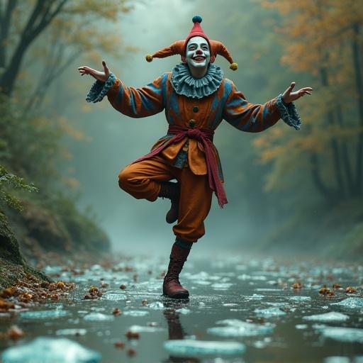 A jester balances on one leg over pieces of broken glass. His pose is poetic and embodies both joy and pain. There is a peaceful smile on his face. The setting is a serene natural landscape during autumn.