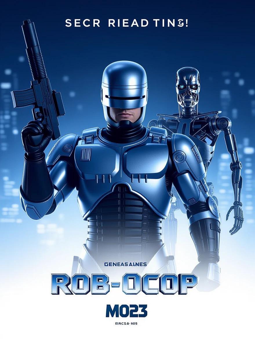 Black chrome Robocop with a large gun stands confidently at night. The design features modern 3D elements. He faces a robotic foe resembling the Terminator. The background includes futuristic city lights. The poster is styled like a classic movie advertisement.