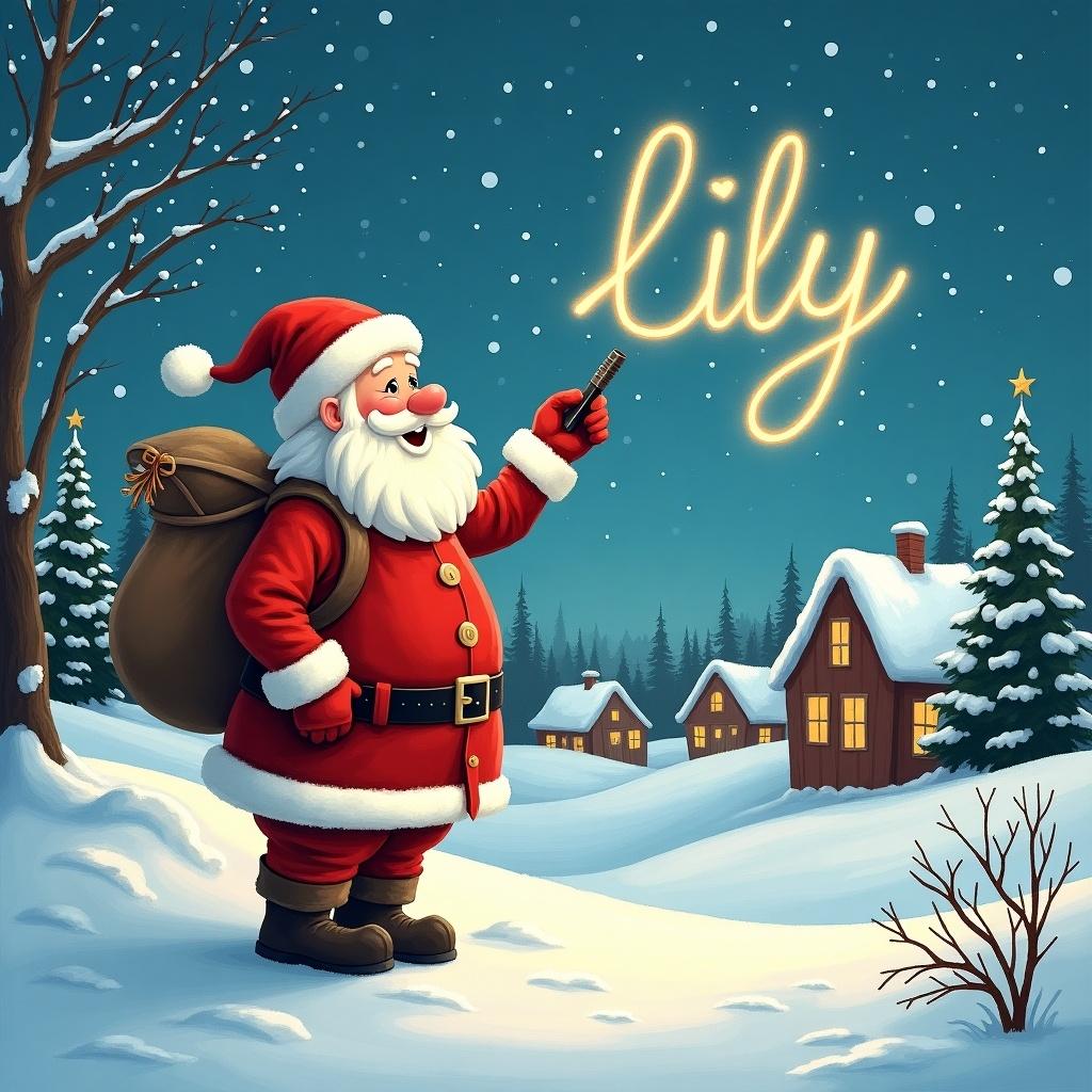 Santa in a snowy village writing Lily in the sky. Festive scene captures holiday spirit.