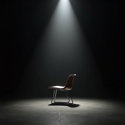 Eames chrome EA108 chair illuminated by an overhead spotlight in a dark space.