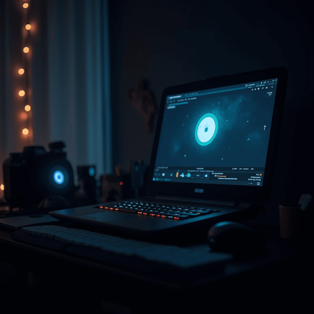 A dimly lit room with a laptop displaying a starfield image, illuminated by colorful keys and ambient fairy lights.