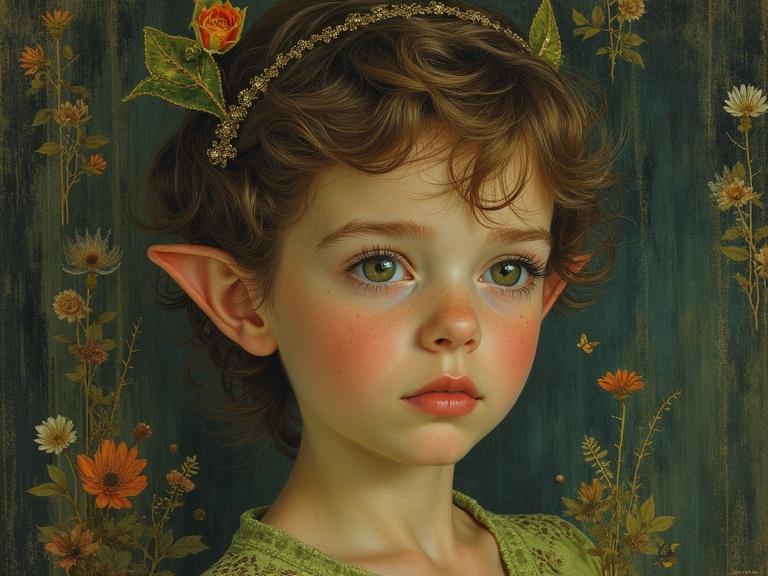 A portrait of a child with oversized ears and a flower crown. The child has delicate features and a dreamy expression. Background filled with wildflowers and ornamental details. Evokes a sense of fantasy.