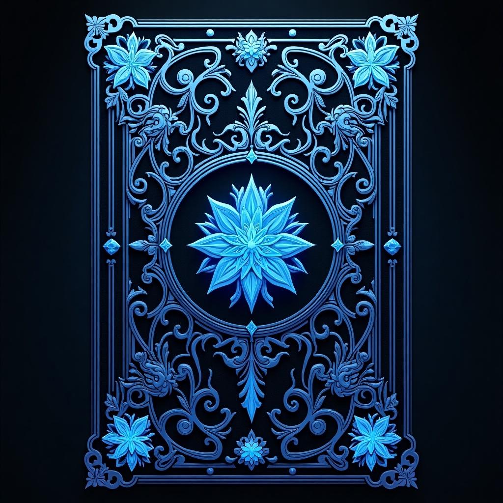 Cover design for a grimoire inspired by Black Clover. Centered around blue magic. Features various shades of blue. Elaborate and ornate decorations throughout the design.