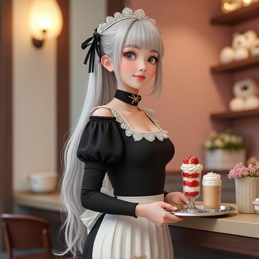Hyper-realistic portrait of a graceful maid café waitress. Long platinum-silver hair partially tied with black lace. Porcelain complexion and light blue-gray eyes. Contemporary maid uniform with detailed lace. Holding a silver tray with a parfait and latte. Warm café interior with soft lighting and floral decorations.