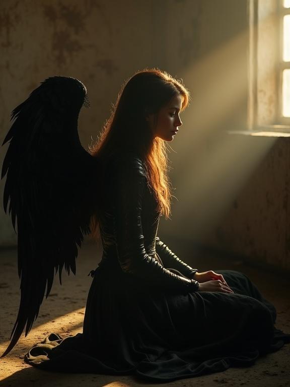 A female angel has black feathers. The angel sits in an old room. The angel wears black armor. A shaft of golden light cuts through the room. The room is dimly lit, creating shadows. The walls are textured and somber. The atmosphere is quiet and introspective. The scene evokes a dream-like quality.