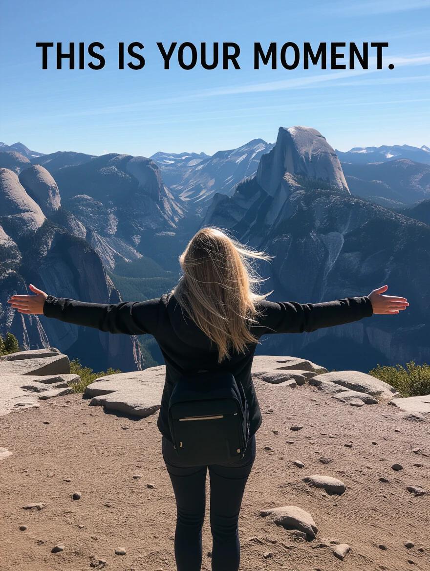 Person standing at the edge of a mountain trail. Arms are slightly open. Wind is blowing through hair. The sky is vast and clear. Ready space for caption 'This is your moment.' The image conveys themes of decision and expansion.