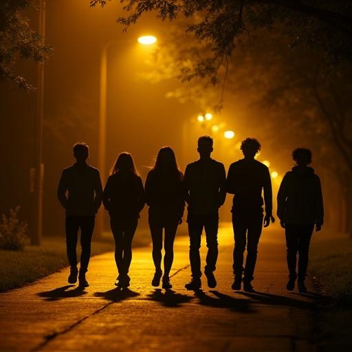 Group of teenagers walking on a paved path at night. Soft yellowish lights are present and shadows are cast. Figures appear as silhouettes making clothing and expressions indistinct. Streetlights illuminate the path. Environment looks residential possibly a park with trees in background.