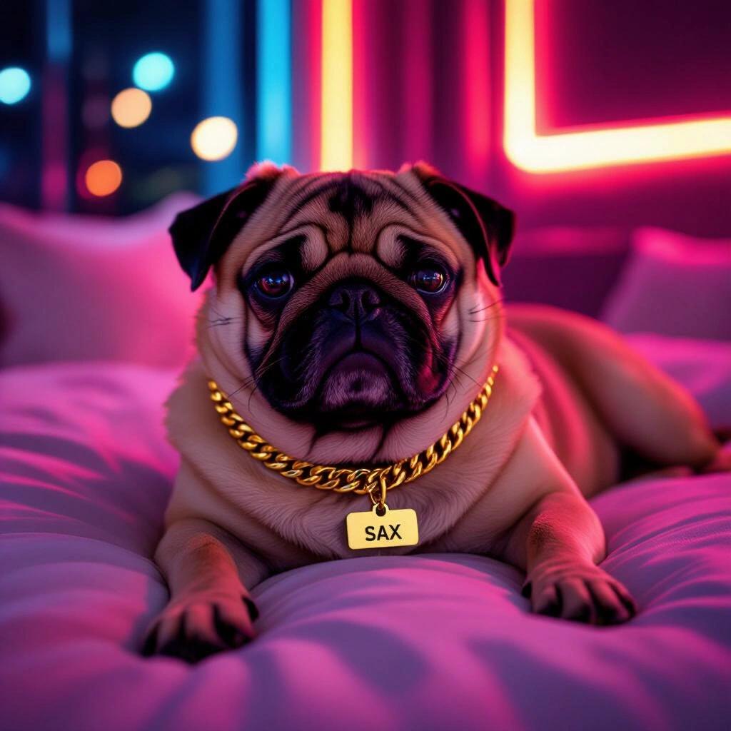 Fat pug relaxing at night in a neon luxury suite wearing a gold chain with a name tag that says SAX.
