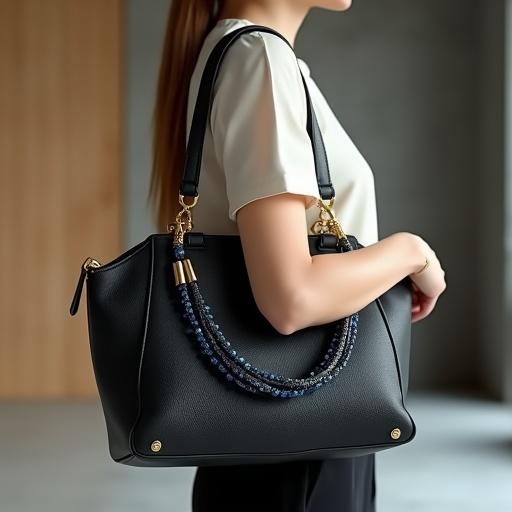 Photorealistic image of a model in her late 20s with golden undertone skin holding a black lambskin handbag with a blue sapphire bead handle. She wears a cream silk blouse and tailored trousers with the arm bent at waist level.