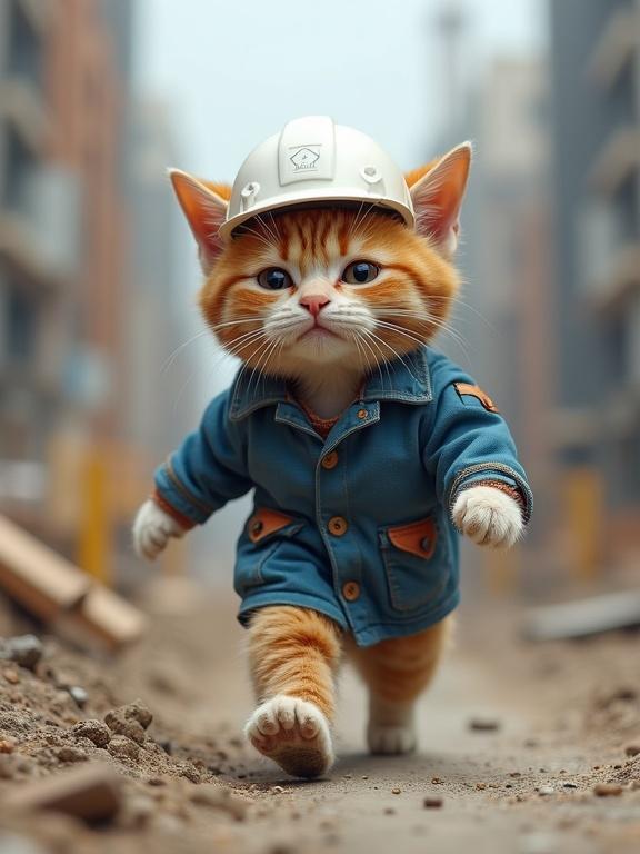 Realistic cat wearing white helmet and blue work jacket standing on a construction site. Tired look. Running on construction site in anthropomorphic style.