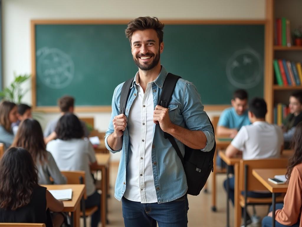 The image depicts a confident young man standing in a school classroom. He is smiling broadly, exuding positivity and enthusiasm. The classroom setting is filled with desks and students engaged in their work. The man is wearing a denim jacket over a white shirt, complemented by a backpack. The background is slightly blurred, emphasizing the young man as the main focus. This image conveys a sense of confidence and readiness for learning.