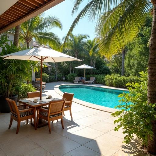 Image shows a tropical outdoor setting with a swimming pool and dining area. Lush green landscape surrounds the pool. Bright sunlight illuminates the scene. Comfortable chairs are placed around the dining table. Umbrellas provide shade. The atmosphere feels inviting and relaxing.