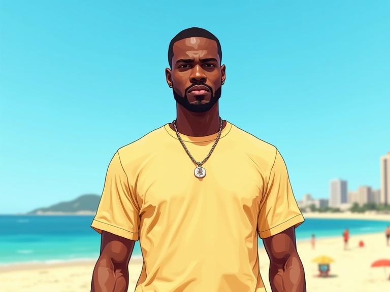 A confident Black male rapper stands on a bright sandy beach under a clear blue sky. The illustration shows a full frontal view of the character wearing a bright yellow t-shirt. The scene reflects the style of Grand Theft Auto video game art with flat lighting and vibrant colors.