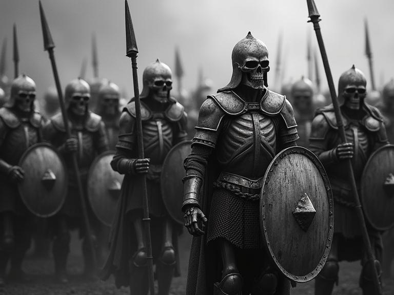 A formidable army of skeleton warriors appears in a chiaroscuro shot. Skeletons are equipped with varying armor styles. Several warriors in full plate armor lead the group. Others wear chainmail exposing skeletal features. They wield shields, swords, axes, and spears. The arrangement is chaotic, filled with movement. Dramatic light and shadow emphasize their chilling appearance.