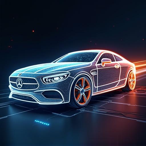 Image of a stylized electric car with glowing circuits and wires surrounding it. The car features a sleek design and is presented against a dark background with bright, futuristic elements.