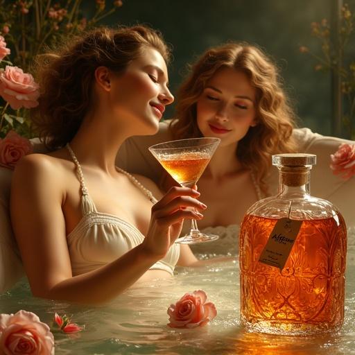 A Renaissance-style painting of modern goddesses in a luxurious spa. The scene shows two women with cocktail glasses amid roses. An apothecary bottle named 'ALFRUNO' shines with herbal liqueur. The atmosphere is opulent and detailed, echoing Botticelli and Michelangelo. Women have shimmering golden lips and toast together in soft light.