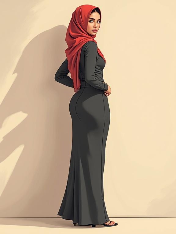 Illustration of a hijabi woman in tight dress with wide hips and curvy figure. She stands confidently with back against the wall, looking at the viewer from the front. The color palette includes black and red with a soft beige background.