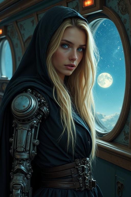 Young woman with long blonde hair stands in a dieselpunk airship cabin. Beautiful blue eyes and a mechanical arm made of metal. Dressed in hooded robes of an assassin. Background features a starry night sky and two moons visible through a window.