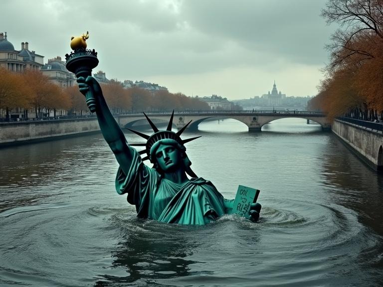 Dramatic digital painting of the Paris Liberty Statue partially submerged in the Seine River in Paris. The statue is copper-patinated at a 45-degree angle, with the upper body and torch arm visible above dark waters. Turbulent ripples spread outward. Framed by stone embankments and autumn trees. Overcast sky casts shadows over the scene, reflecting in the river water. Paris cityscape visible in the background.