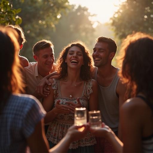 A group of six friends joyfully capturing a moment with a digital camera in a natural outdoor setting during golden hour.