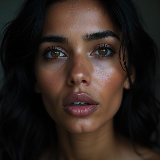 Close-up portrait of a woman with dark brown eyes, black hair, and full lips. She has dark skin and thick eyebrows. The expression shows concern.