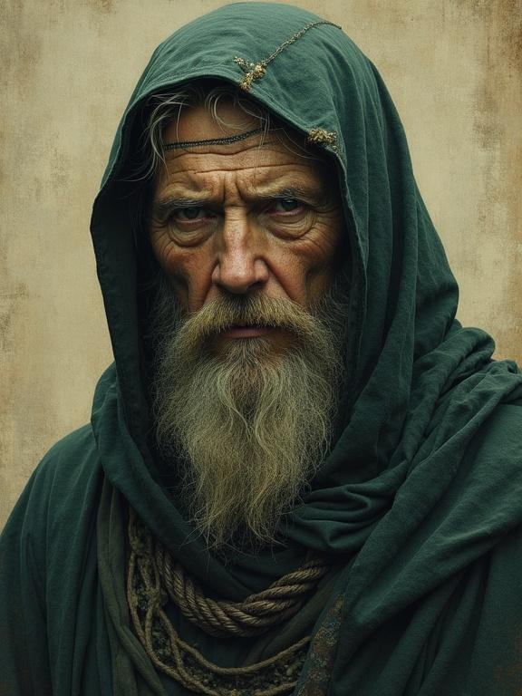 A wise robed figure with a beard partially obscured. Merging roles of judging under an oak tree and observing stars. Soft mysterious lighting. Painterly artistry. Text overlay indicates Chapter 1: Beyond the Myth—Defining the Druids.