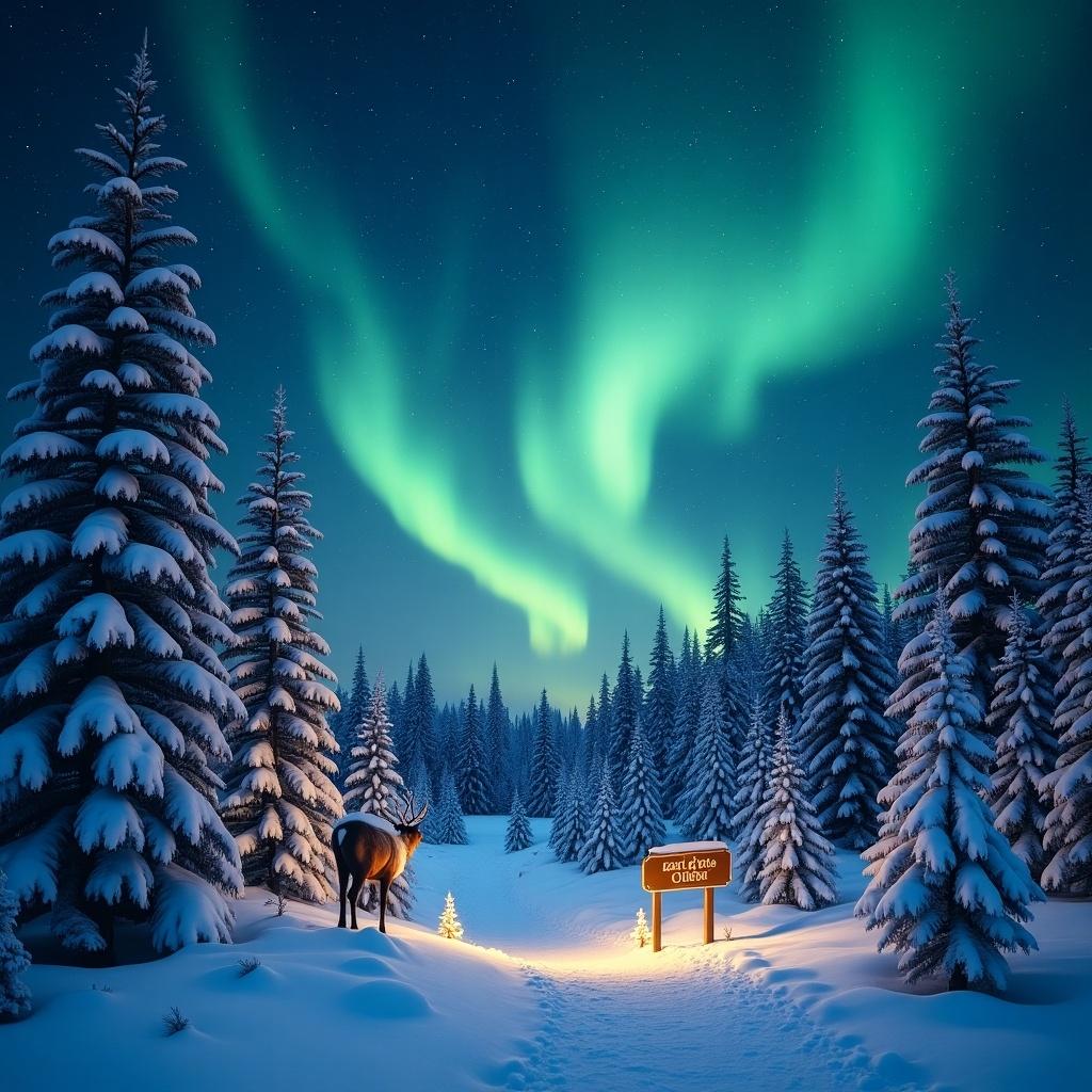 Image portrays a snowy forest setting at night with northern lights in the sky. Pine trees surround the area with a reindeer present. A sign says 'North Pole'.