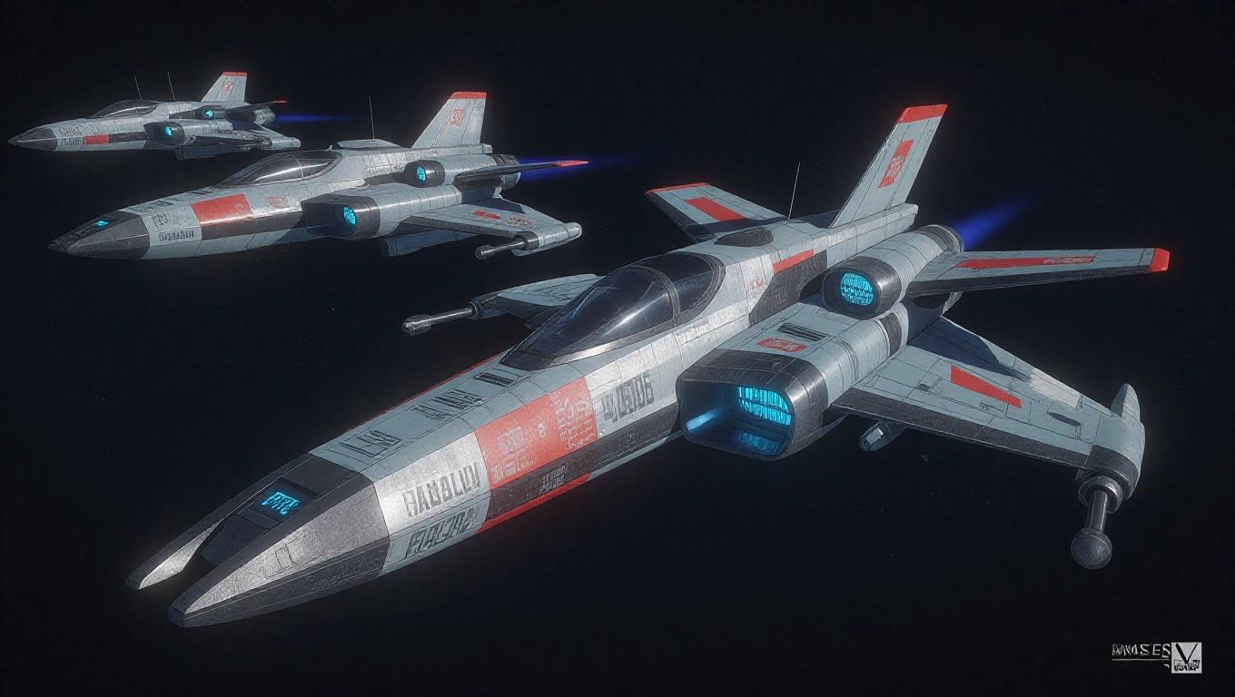 Futuristic fighter style space ships depicted in a dark space setting with multiple craft in formation.