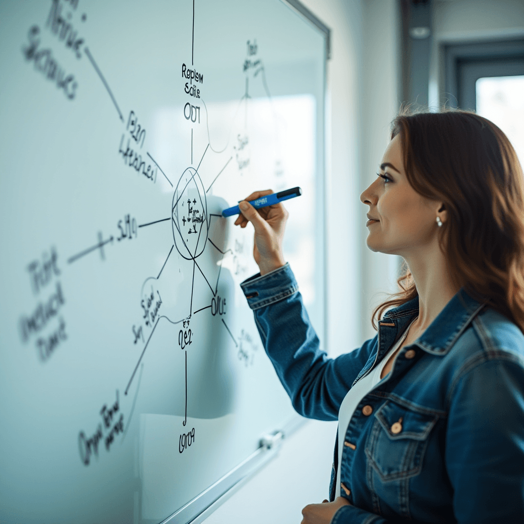 A woman in a denim jacket draws a complex diagram on a whiteboard.