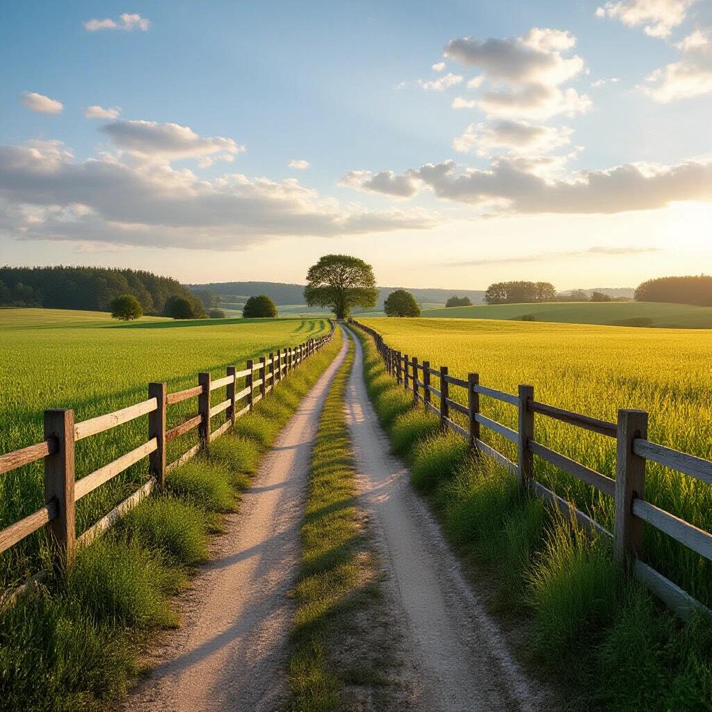 Sideways view of a rural path through fields with a wooden fence on either side