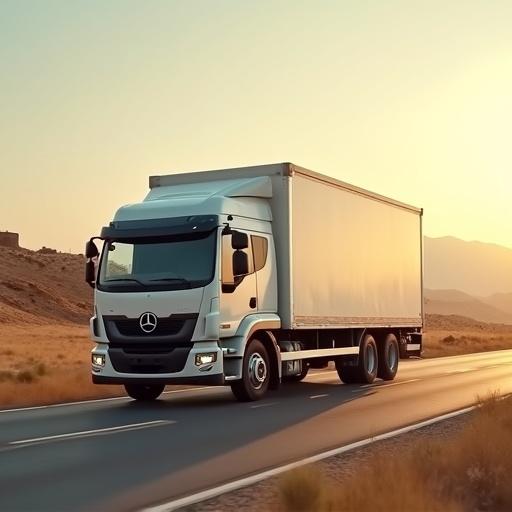 Ultra-wide angle view of a white delivery truck. Distant shot with golden brown hues. Scene appears cinematic and shot in studio setting.