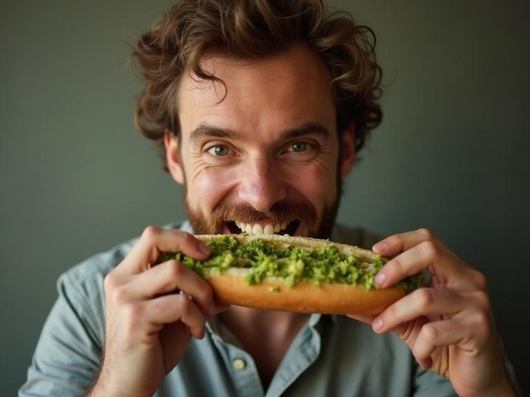 A man holds and eats a green hot dog. He smiles widely while looking at the camera. The background is subtle and neutral.