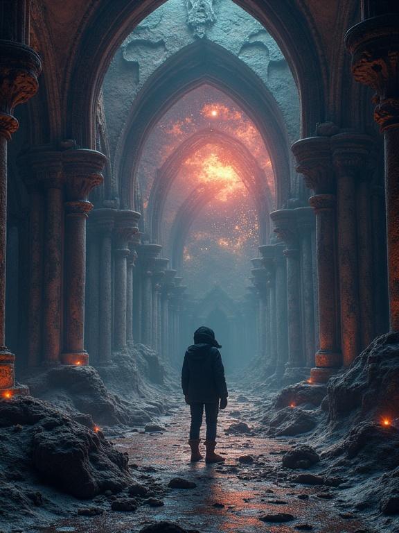 A gothic corridor illuminated by an otherworldly light. A solitary figure stands in the center. The background features cosmic elements like stars and galaxies. The scene conveys themes of loneliness and exploration.