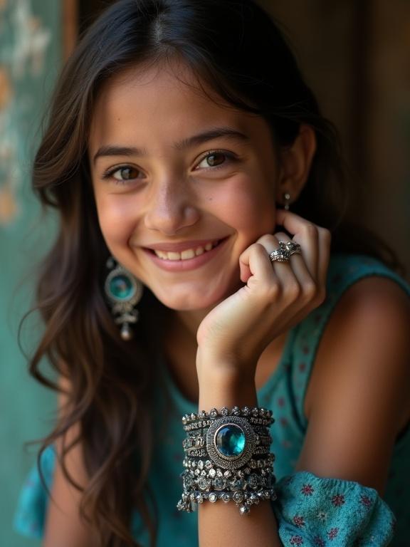 Girl smiling with a large bangle on her wrist. Jewelry features dark silver and dark aquamarine colors. Focus on precision and detail. Image reflects harmony with nature in a normcore style.