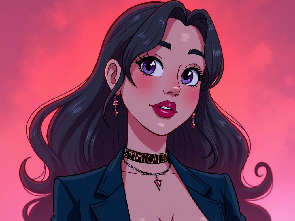 Album cover art featuring a cartoon character for a synth-pop band. Character wears a stylish black jacket and accessories. Background displays a colorful gradient with pink and purple tones. Aesthetic inspired by Disney animation and retro music culture.
