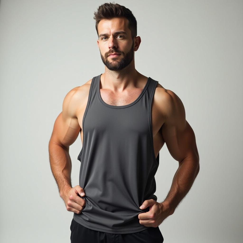 Man wearing sports shirt. Fit body displayed. Neutral background for focus.