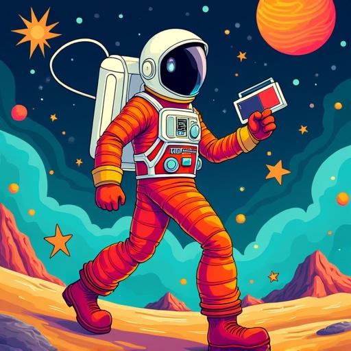 Create a vibrant pop art style cartoon of an astronaut confidently strutting forward. One foot stepped out in front. He has a classic boombox held over his shoulder. The astronaut's suit is exaggerated and colorful, featuring bold patterns and playful details. The background is a whimsical space scene filled with stars, planets, and abstract shapes.