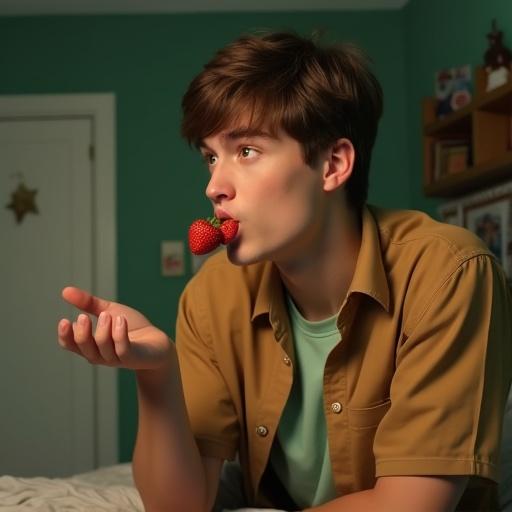 A young man is viewed in profile with a round face and light brown hair. He wears a tan short-sleeved shirt over a light green T-shirt. He sits on a bed, holding a strawberry in his palm. He licks the strawberry, showing a hungry expression. The setting includes green walls, a white door, and decor in the background.