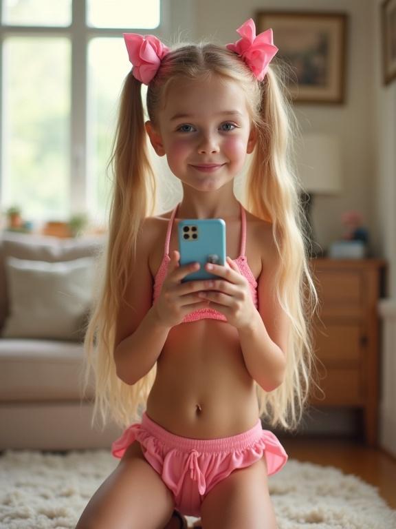 A child is holding a smartphone. She has long blonde hair styled in twin tails with pink bows. She wears a pink bikini. The background is a softly lit living room with a cozy and inviting atmosphere.