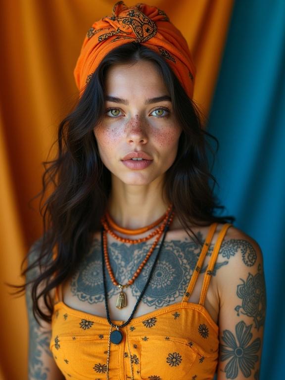 Young woman with dark wavy hair wears an orange headscarf styled in a turban. Light makeup enhances features with defined eyelashes. Green eyes look directly at the camera. Intricate black tattoos cover both shoulders and upper chest with floral designs. She wears a layered necklace with orange beads and a black pendant. Fitted yellow crop top is beneath an orange floral dress. Vibrant blue backdrop adds depth with draped fabric. Warm studio lighting casts soft shadows, highlighting textures. Rich blue tones contrast with warm skin and yellow accents. Natural skin texture displayed with visible pores and freckles.